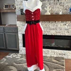 No Boundaries Women's Santa Sequin Jumpsuit. White Fur Trim new size small (4-6)